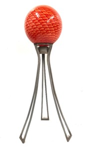 lot 174 image: Great Looking Metal Lawn Pedestal Stand wOrange Glass Gazing Ball