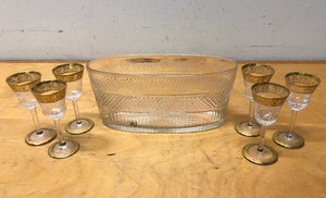 lot 296 image: Excellent Quality Antique Cut Crystal Oval Bowl & Set of 6 glasses