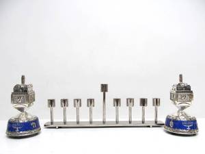 lot 9 image: Blue on Chrome Musical Dreidels & Menorah 