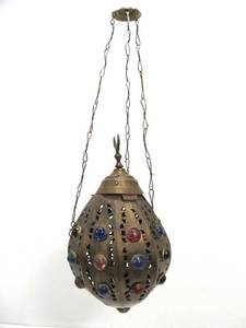 lot 68 image: Vintage Hanging Pierced Brass Moroccan Jeweled Lantern