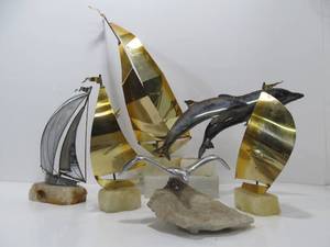 lot 78 image: Group of Signed Vintage Brass on Marble Sculptures - Sailboats Dolphins & Seagull