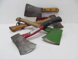 lot 92 image: Lot of Vintage etc Hatchets Butchers Cleaver & Branding Iron