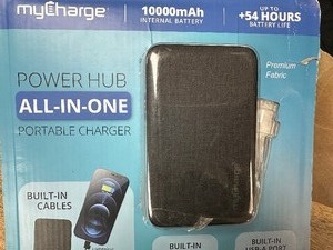 lot 63 image: MyCharge PowerHub Ultra 10000mAh15W Output Power Bank with Integrated Charging Cables - Black - Open Box Like New