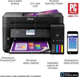 lot 33 image: Epson WorkForce ET-3750 EcoTank Wireless Color All-in-One with Refillable Supertank Printer with Scanner, Copier  Customer Return Tested  Works