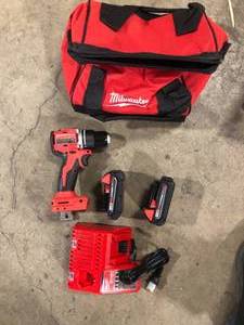 lot 35 image: Milwaukee M18 18V Lithium-Ion Brushless Cordless 12 in. Compact DrillDriver Kit with Two 2.0 Ah Batteries, Charger and Case Customer Returns See Pictures