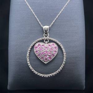 Natural Pink Sapphire Pave Heart & Diamond Eternity Circle Endless Happiness Pendant Necklace in White Gold $1,950 Retail