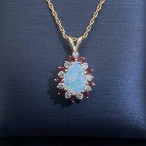 Opal, Ruby & Diamond Cluster Wreath Pendant Necklace in 14k Yellow Gold $1,980 Retail
