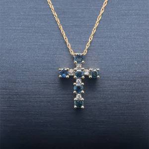 Natural Blue Sapphire & Diamond Classic Cluster Cross Pendant Necklace in Yellow Gold $1,250 Retail