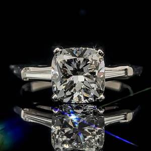 2.47 Carat Diamond Cushion Center & Baguette Cut Winston Style Three-Stone Engagement Ring in Platinum w IGI REPORT $9,400 Retail VIDEO