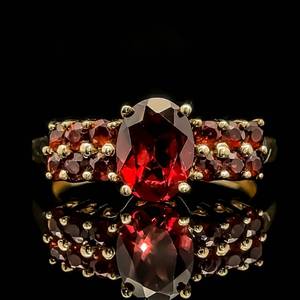 Oval Garnet Solitaire Center & Double Row Garnet Cluster Ring in 14k Yellow Gold $1,625 Retail