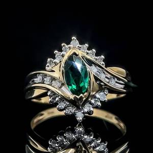 Emerald & Diamond Channel Curved Bypass Cluster Ring in Yellow Gold $1,280 Retail