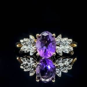 Amethyst & Diamond Cluster Fern Leaf Ring in 14k Yellow Gold $1,450 Retail