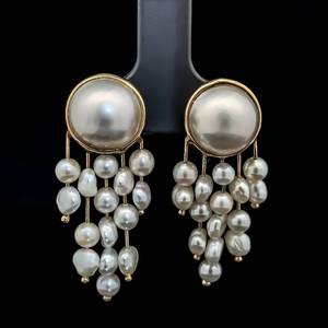 Mabe Pearl & Freshwater Pearl Chandelier Fringe Drop Button Earrings in 14k Yellow Gold $1,950 Retail