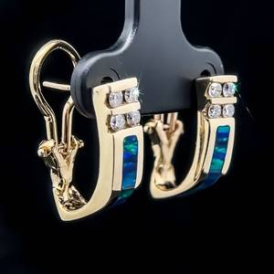 Opal Inlay & 0.40ct Diamond J-Hoop Earrings w Omega Backs in 14k Yellow Gold $1,920 Retail VIDEO