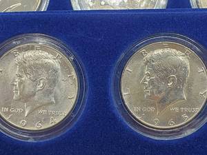 1964-1995 Kennedy Half Dollar Collection in Display Box, includes 1964 90% & 1965-1970 40% - 57 coins