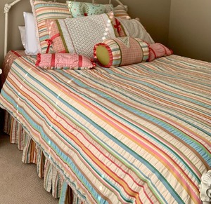 lot 28 image: Gorgeous Queen Size Bedding by Eastern Accents, Throw Pillows and Bed Skirt Included