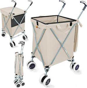 lot 90 image: Wellmax WM99100 Series Folding Shopping Cart with Wheels, Grocery Cart with Removable Canvas with Cover, Lightweight Utility Cart for Groceries and Laundry - Holds up to 120 lbs