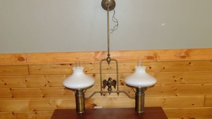 lot 5 image: 2 Lamp Brass Chandelier with Globes