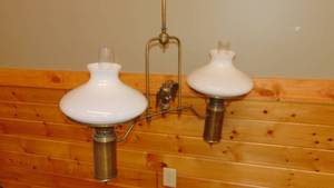 lot 26 image: 2 Lamp Brass Chandelier with Globes