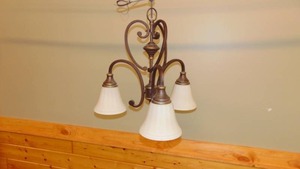 lot 34 image: 3 Lamp Brass Chandelier with Globes