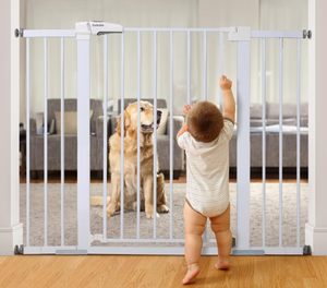 lot 239 image: BABELIO 36 Inch Tall Metal Baby Gate, 29-48 Auto Close Pressure Mounted
