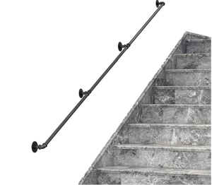 lot 571 image: DIYHD 13FT Stair Black Pipe Handrail with 3 Wall Mount Supports,Rustic Black,Round Corner Style