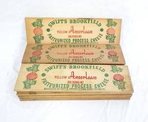 Lot of 20 Vintage 1950s Swifts Brookfield Yellow American Cheese Wooden Box Sides