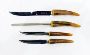 Vintage 1950s Sheffield England E Parker & Sons Stainless Steel with Bakelite Handles Carving Knife, Sharpener and 2 Steak Knives