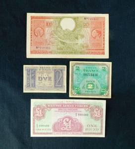 Lot of 4 Vintage 1930s, 1940s and 1960s Foreign Currency Banknotes from Belgium, British Armed Forces, France and Italy