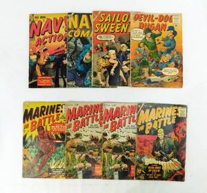 Lot of 8 Vintage 1950s Atlas Comic Books Including Navy Action, Navy Combat, Sailor Sweeney, Devil Dog Dugan and Marines in Battle