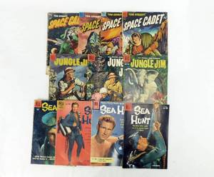 Lot of 11 Vintage 1950s and 1960s Dell Comic Books Including Space Cadet, Jungle Jim, and Sea Hunt SEA  HUNT No.6 has TWO Covers