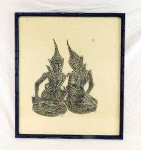 Vintage 1960s Thai Temple Rubbing on Rice Paper Framed