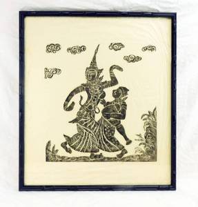 Vintage 1960s Thai Temple Rubbing on Rice Paper Framed
