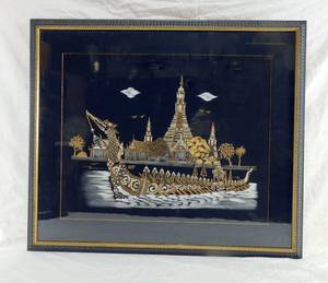 Vintage Black and Gold Fabric Manila Dragon Boat and Temple Framed Print