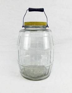 Vintage Large Duraglass Barrel Jar with Cover and MetalWood Handle