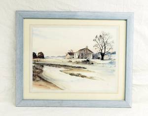 Vintage Landscape with Stone Home Wood Framed and Matted Print