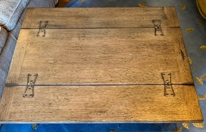lot 20 image: Vintage Accent Storage Table with Drop Down Front and Fold Out Top