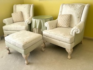 lot 15 image: Pair of Jessica Charles Furniture High Back Upholstered Chairs and Ottoman