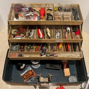 lot 303 image: Vintage Tackle Box with Lures, Bobbers, Weights and More