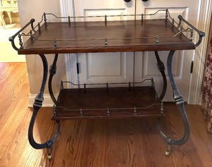 lot 198 image: Aristica Mahogany and Wrought Iron Server Bar with Parquetry Top