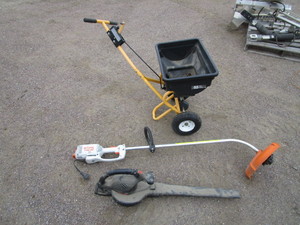 lot 45 image: Electric Weed Eater, Blower, Fertilizer Spreader