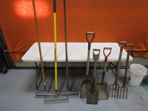lot 106 image: Rakes, Forks, Shovels
