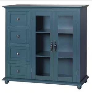 VEIKOUS Teal Blue Wood 36 in. Kitchen Cabinet Storage Sideboard with Glass Door and 4-Drawers