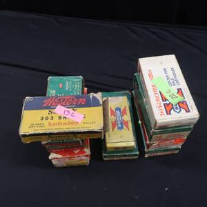 lot 90 image: VINTAGE AMMUNITION BOXES WITH SHELL CASINGS