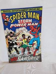 lot 105 image: Marvel Spiderman, Web of Spiderman, Spiderman Storm and Powerman, Spiderman strikes back Comic Books