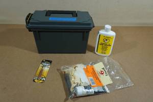 lot 101 image: Plastic Ammo Can with Assorted Black Powder and Gun Products