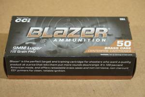 lot 147 image: 50 CCI Blazer Brass 9mm Luger 115 Gr FMJ Ammo