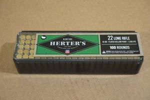 lot 153 image: 100 Herters .22 LR 40 Gr Plated HP Ammo