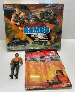 Misc. 1980s RAMBO Collectibles Including Action Figure On Original Card (Missing Pcs.) & Monogram Model Kit (Factory Sealed)