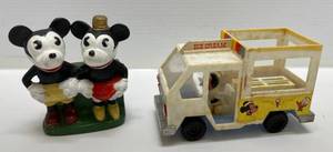 1930s Mickey Mouse  Minnie Mouse Bisque Toothbrush Holder & Mickey Mouse Ice Cream Truck (Missing Parts)